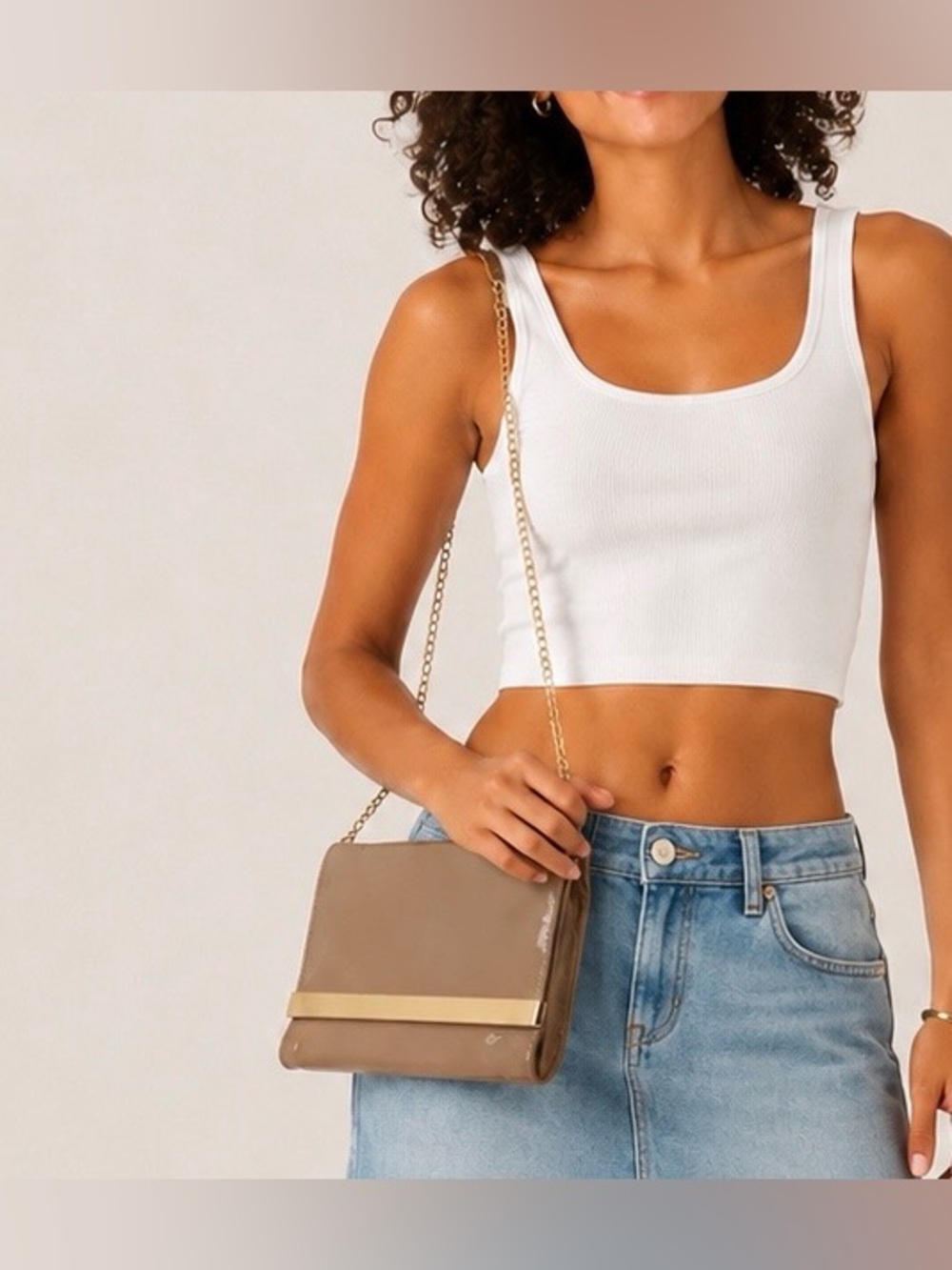 NEW Steve Madden Nude Beige Patent Clutch Purse Gold Chain Shoulder Bag Evening